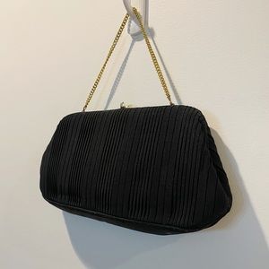 Vintage 50s HL USA Black Pleated Rayon Gold Twist Lock Top Handle Handbag